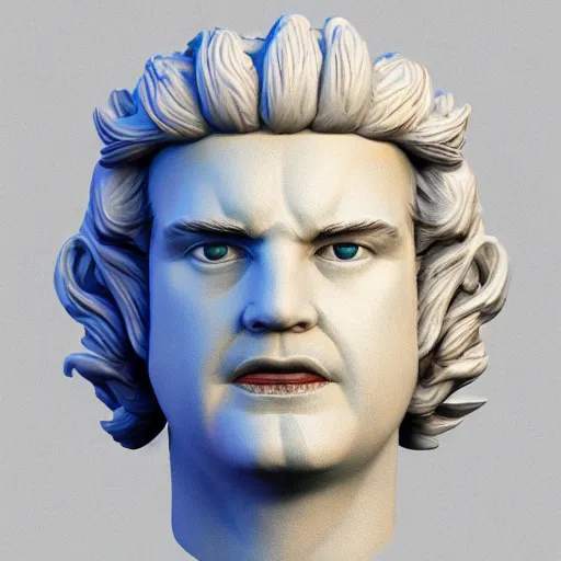 Image similar to sci - fi cgartist wide shot anaglyph ambient occlusion rendering of a hyper realistic marble greek statuary regal god head resembling guy fieri glowing with embedded vaporwave leds product photo high key colored lighting, trending on artstation volumetric lighting