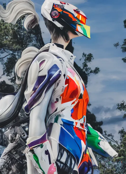 Image similar to extremely beautiful photo of a white marble statue of an anime girl with colorful motocross logos and motorcycle helmet with closed visor, colorful smoke in the background, carved marble statue, fine art, neon genesis evangelion, virgil abloh, offwhite, denoise, highly detailed, 8 k, hyperreal