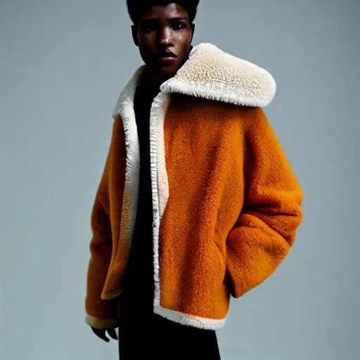 Prompt: realistic photoshooting for a new balenciaga lookbook, color film photography, portrait of a beautiful woman, model wearing a sherpa jacket, by photo in style of Tyler Mitchell, 35mm,