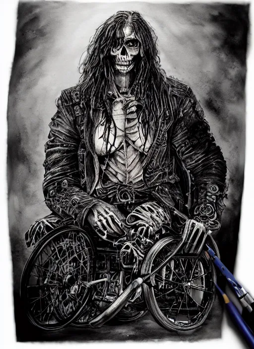 Image similar to portrait, Long haired biker skeleton in a wheelchair, has tattoos, watercolor, dramatic lighting, cinematic, establishing shot, extremely high detail, foto realistic, cinematic lighting, pen and ink, intricate line drawings, by Yoshitaka Amano, Ruan Jia, Kentaro Miura, Artgerm, post processed, concept art, artstation, matte painting, style by eddie mendoza, raphael lacoste, alex ross