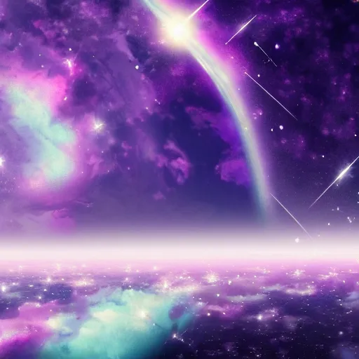 Image similar to anime style hd wallpaper of outer space horizon, glittering stars scattered about, lilac colors