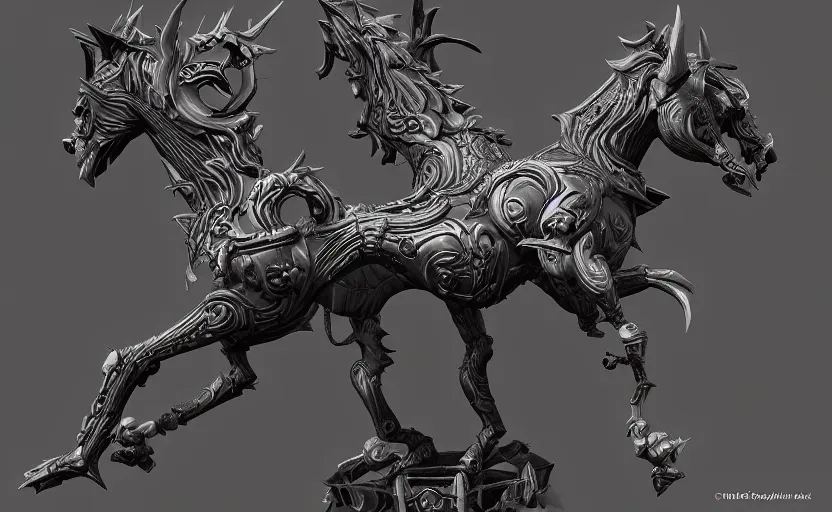 Image similar to a 3d render of a dark fantasy side view of a dark evil undead carousel horse, tim burton, world of warcraft, league of legends