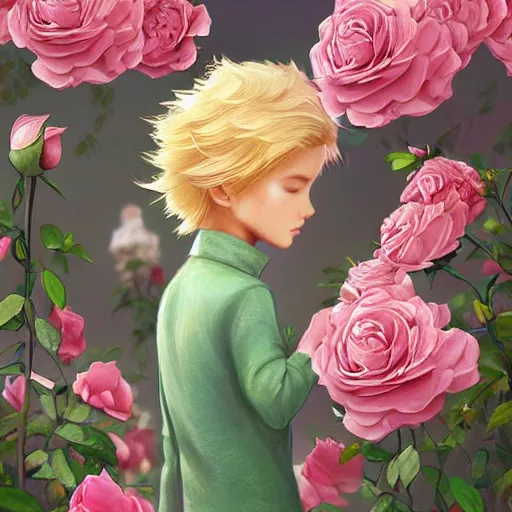 Image similar to the little prince standing in a garden of roses, blond hair, gorgeous, amazing, elegant, intricate, highly detailed, digital painting, artstation, concept art, sharp focus, illustration, art by ross tran