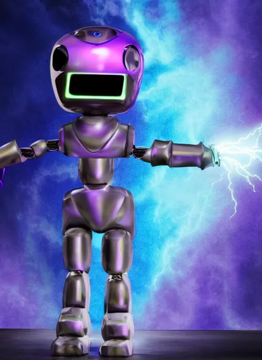 Image similar to apocalyptic scene, a cute humanoid robot holds a trophy over his head with purple and teal lightning in the background