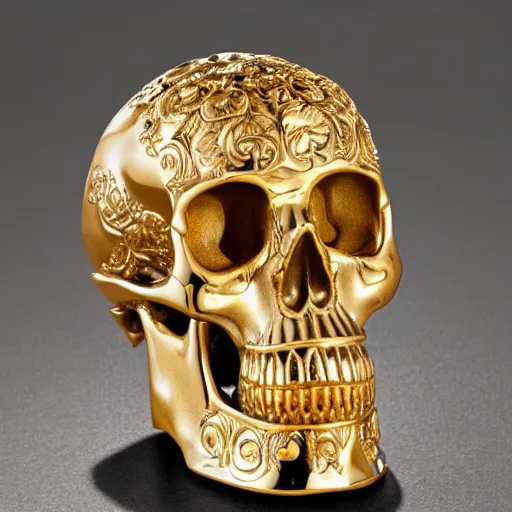 Prompt: a orante human skull with rococo carvings and gold plated detailing encased in an icecube