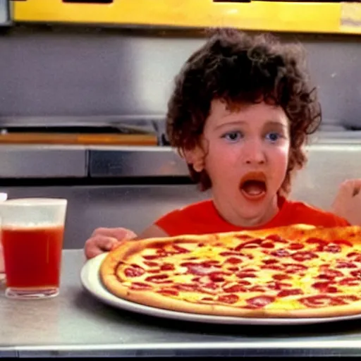 Image similar to a still from a pizza commercial, cheese stretches off a slice 1 9 8 0 s