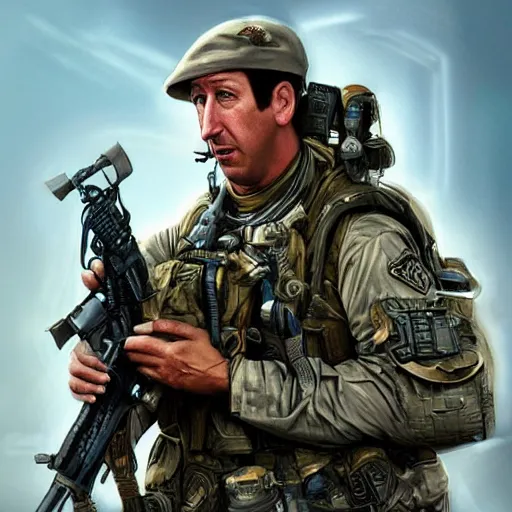 Image similar to Adam Sandler as a navy SEAL, high resolution fantasy concept art, intricate details, soft lighting