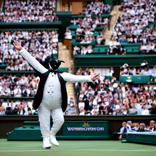 Image similar to a man dressed as a penguin runs on Wimbledon center court during match between Nadal and Tiafoe