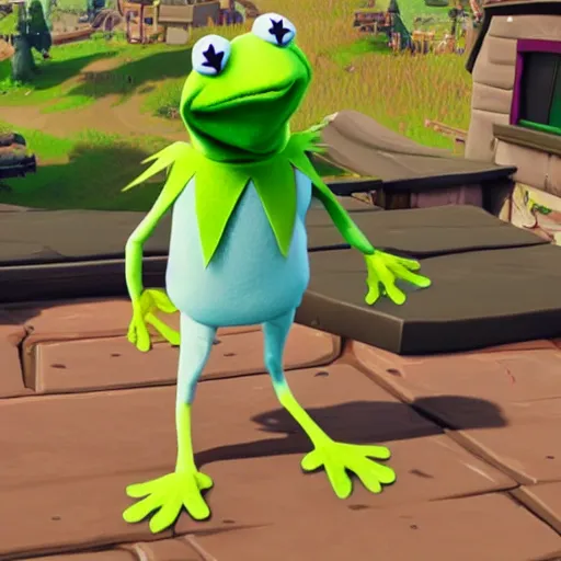 Image similar to still of kermit the frog from fortnite