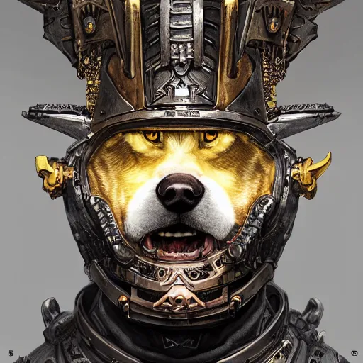 Prompt: warhammer 4 0 k emperor champion black armor, anthropomorphic shiba inu, shiba inu face, stuning 3 d render, masterpiece, glowing aura, by donato giancola and greg rutkowski and wayne barlow and zdzisław beksinski, realistic face