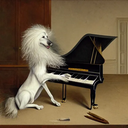 Image similar to Detailed art of a borzoi dog in a sharp suit playing a piano in a Gothic Mansion