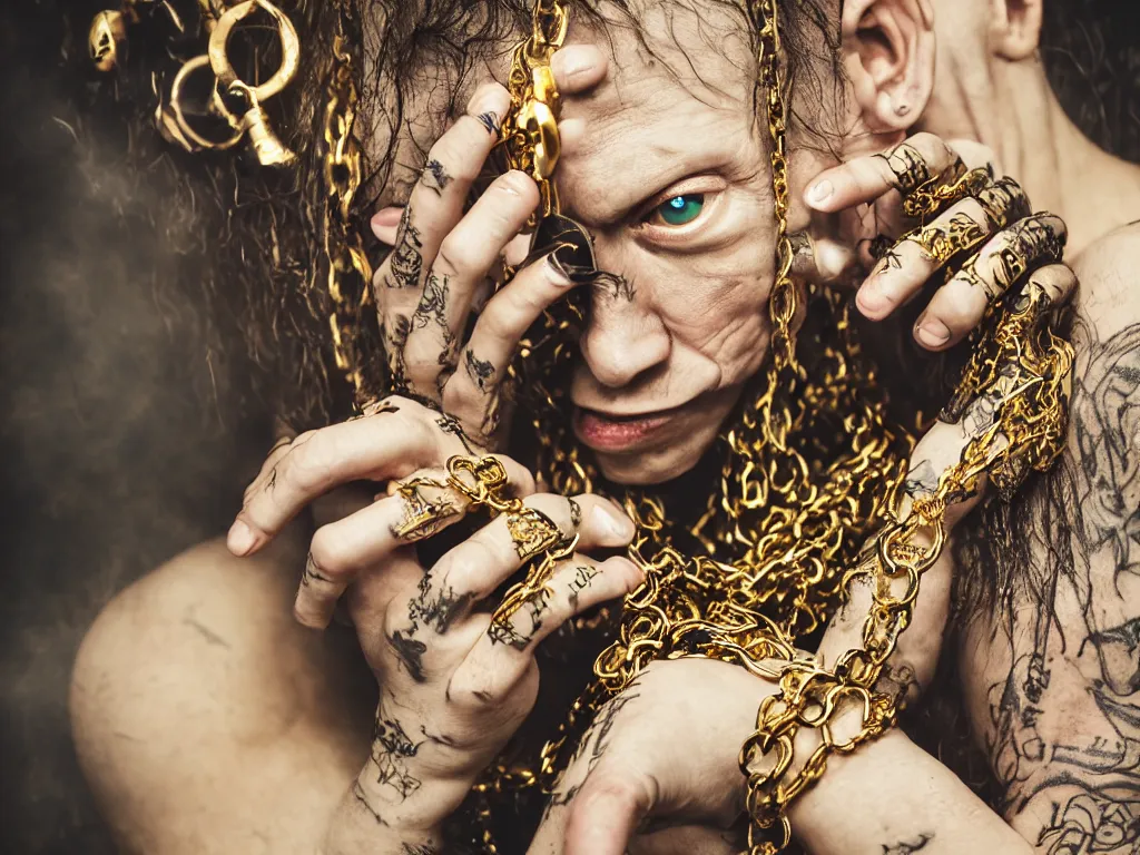 Image similar to gollum wearing gold rings, chains and earrings in a dungeon, bling, hip hop style, tattoos, imax, foggy atmosphere, bokeh, professional studio shot, stylized photo