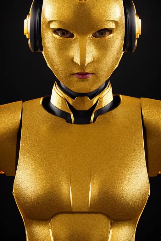 Image similar to maria of metropolis, humanoid robot, golden full body armor, beautiful helmet in the shape of a face, scifi, futuristic, raytracing, neon, cyborg eyes glowing yellow, sharp focus, cinematic lighting, artstation, divine, by fritz lang, gauthier leblanc