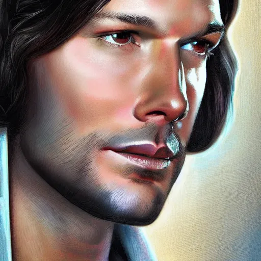 Prompt: Stunning portrait of handsome Jared Padalecki as an angel, in the style of norman rockwell, digital art