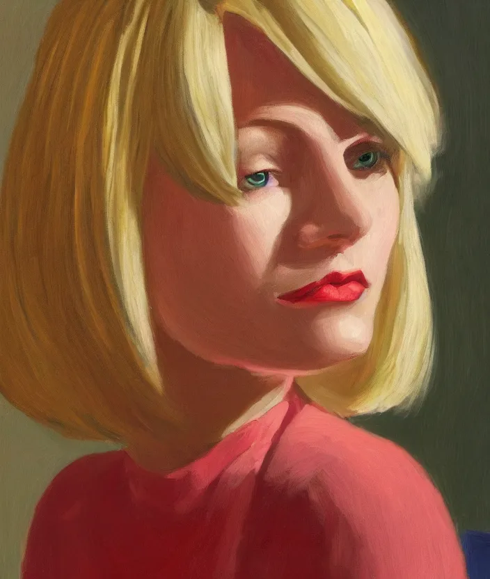 Image similar to a closeup portrait of woman with a blonde bob with bangs, in the style of edward hopper, very fine brush strokes, 4 k,