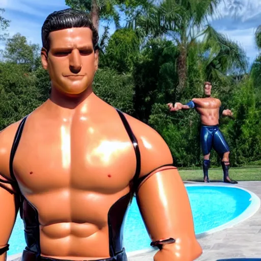 Prompt: a realistic detailed photo of a guy who is an attractive humanoid who is half robot and half humanoid, who is a male android, wrestler zack ryder, shiny skin, posing like a statue, blank stare, by the pool, on display, showing off his muscles, humanoid robot, frozen ice statue