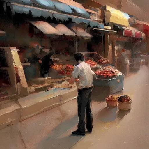 Prompt: low angle!!!!!! a a butcher working, artwork by craig mullins, low angle camera