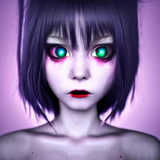 Prompt: photorealistic full shot portrait of kawaii angry darkness vampire anime girl, worrying eyes, inspired by Tim Burton, detailed, unreal engine 4k volumetric light, fog,