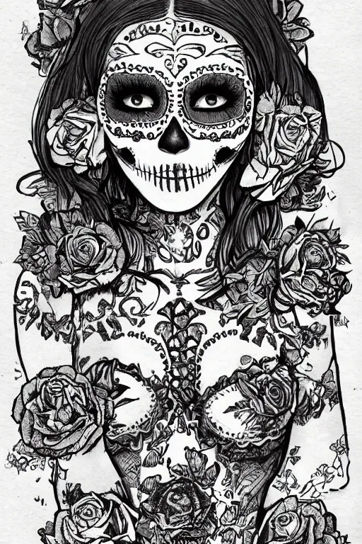 Image similar to illustration of a sugar skull day of the dead girl, art by akihiko yoshida