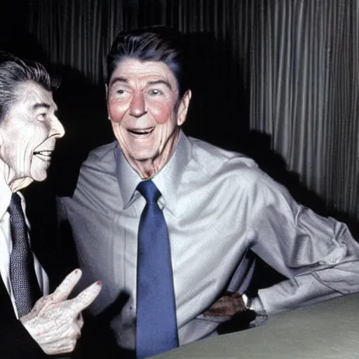 Prompt: ronald reagan and an alien!!!!, associated press photo, kodak ektachrome film