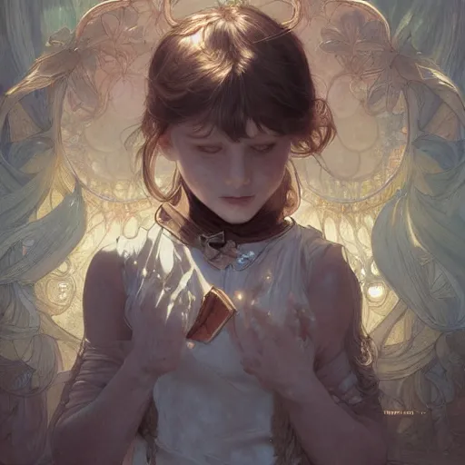 Prompt: a weird supernatural and creepy and adorable kid, fantasy, intricate, elegant, highly detailed, digital painting, artstation, concept art, smooth, sharp focus, illustration, art by artgerm and greg rutkowski and alphonse mucha