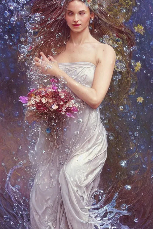 Prompt: portrait of a beautiful woman wearing a silver metalic dress, holding a bouquet of flowing flowers, drenched body, wet dripping hair, emerging from the water, fantasy, regal, fractal crystal, fractal gems, by stanley artgerm lau, greg rutkowski, thomas kindkade, alphonse mucha, loish, norman rockwell.