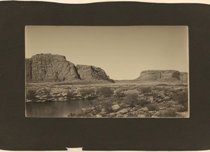 Image similar to Distant view of a huge mesa with a rocky river in the foreground, surrounded by sparse desert vegetation, rocks and boulder, albumen silver print, Smithsonian American Art Museum