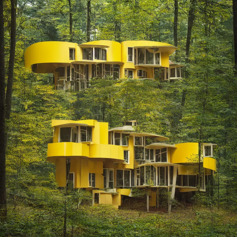 Image similar to architecture ad for a mid-century modern house in the middle of the forrest, designed by Frank Gehry. Film grain, cinematic, colorized, yellow hue