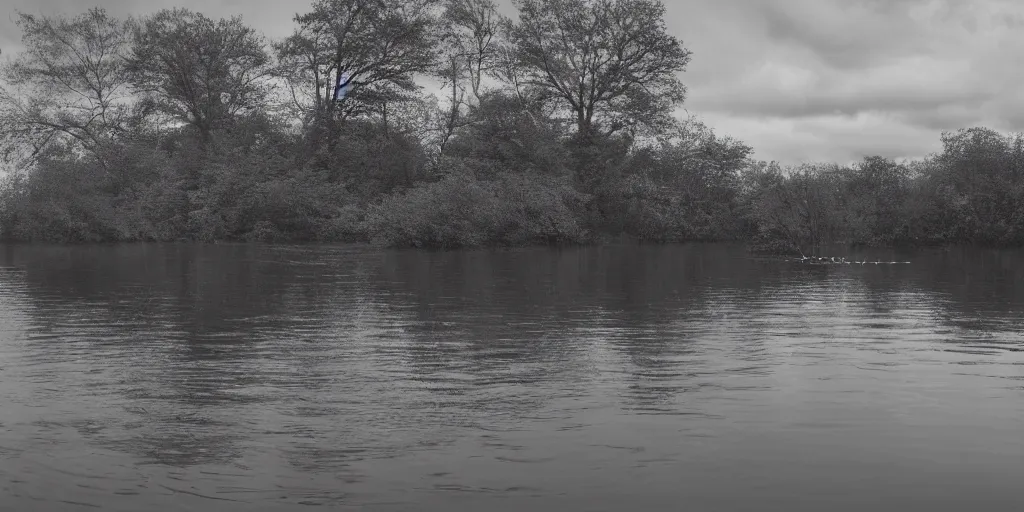 Prompt: infinitely long rope zig zagging across the surface of the water into the distance, floating submerged rope stretching out towards the center of the lake, a dark lake on a cloudy day, moody scene, trees in the background, hyper - detailed photograph, 4 k anamorphic lens