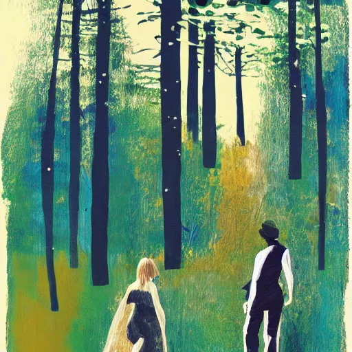 Image similar to a painting of a man and a woman in a forest at midnight, a silk screen by julian schnabel, behance, midnight hour, modern european ink painting, photoillustration, impressionism, multiple exposure, artstation