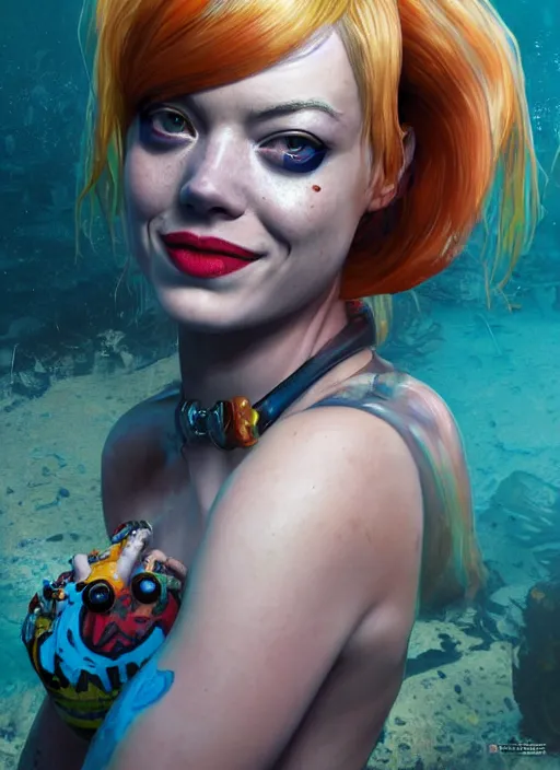 Image similar to underwater biopunk portrait of emma stone as harley quinn, au naturel, hyper detailed, digital art, trending in artstation, cinematic lighting, studio quality, smooth render, unreal engine 5 rendered, octane rendered, art style by klimt and nixeu and ian sprigger and wlop and krenz cushart.