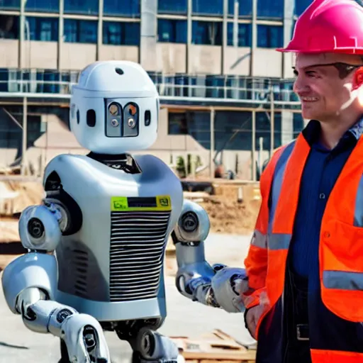 Prompt: man dressed in construction clothes next to him is a robot