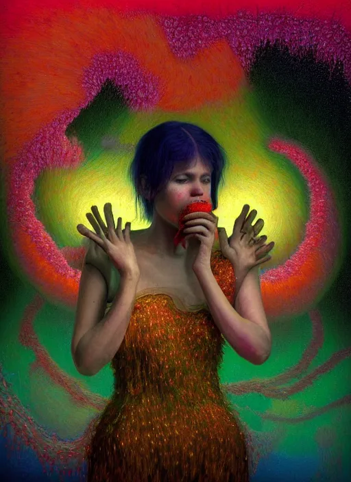 Prompt: hyper detailed 3d render like a Oil painting - Aurora (Singer) Eats of the Strangling aerochrome Fruit and Her delicate Hands hold of gossamer polyp blossoms bring iridescent fungal flowers whose spores black the foolish stars by Jacek Yerka, Mariusz Lewandowski, Houdini algorithmic generative render, Abstract brush strokes, Masterpiece, Edward Hopper and James Gilleard, Zdzislaw Beksinski, Mark Ryden, Wolfgang Lettl, hints of Yayoi Kasuma, octane render, 8k