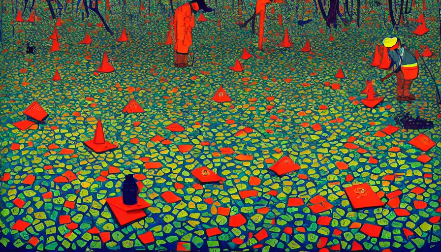 Image similar to safety cones scattered around an oak tree forest checker board forest floor, by james jean by ilya kuvshinov kintsugi, hyper detailed surrealist painting