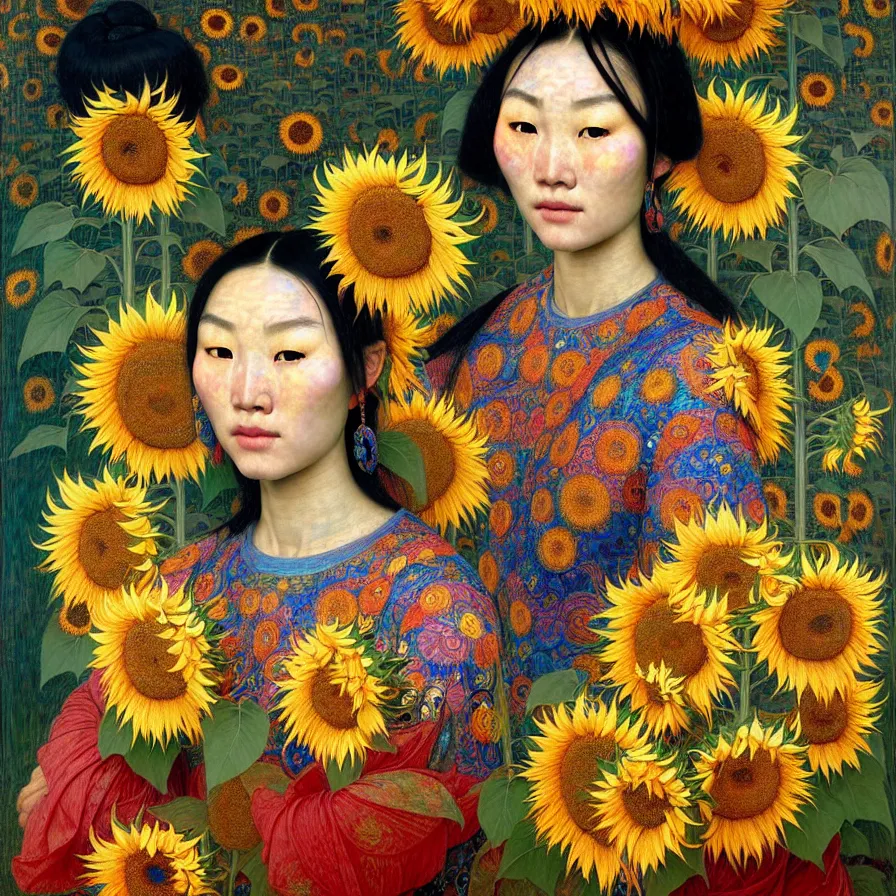 Image similar to portrait of only one beautiful mongolian woman wearing colourful face paint surrounded by bright intricate patterns of sunflowers and other plants, by edgar maxence and caravaggio and michael whelan, intricate painting, hyperrealistic, finely detailed and beautiful aesthetic face, 8 k resolution