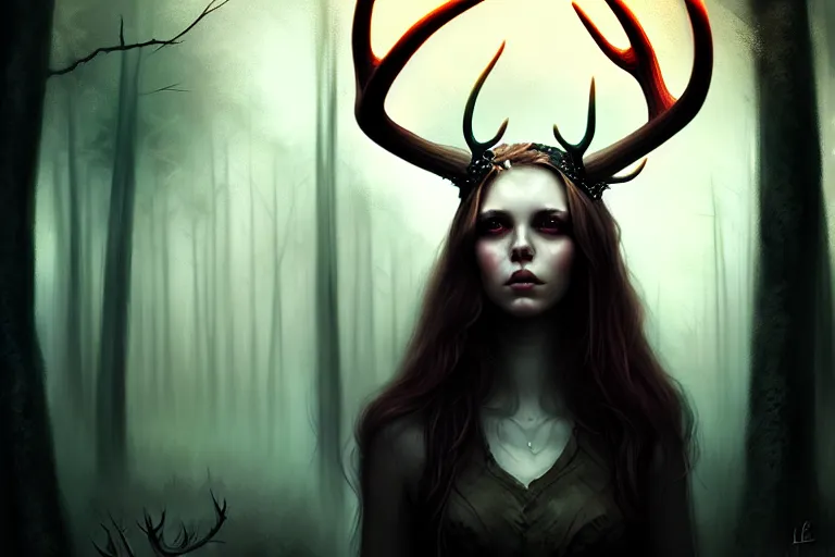 Image similar to a portrait of a girl with antlers in a forest at night, dark, gothic, fantasy, portrait, figurativism, muted colors, digital painting in the style of bastien lecouffe - deharme, trending on artstation, detailed