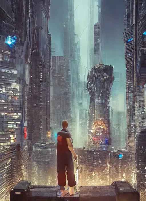 Image similar to alone person facing the desperate call of the void, futuristic cityscape, unreal 5 render, vivid colors, high detail, clear weather, studio ghibli, history painting, digital art, octane render, beautiful composition, trending on artstation, award - winning photograph, masterpiece