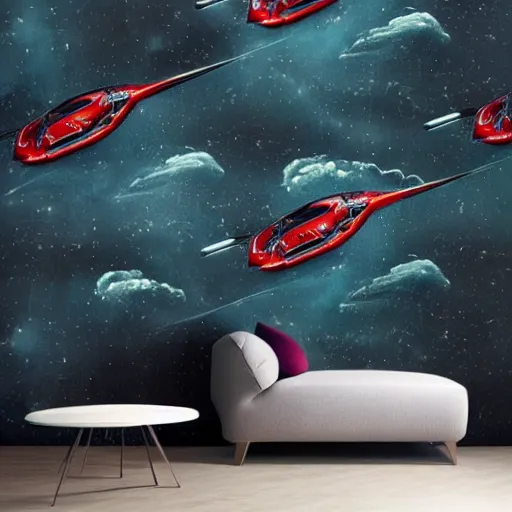 Image similar to a retro sci fi wallpaper of a jaguar e - type series 1 roadster flying in space