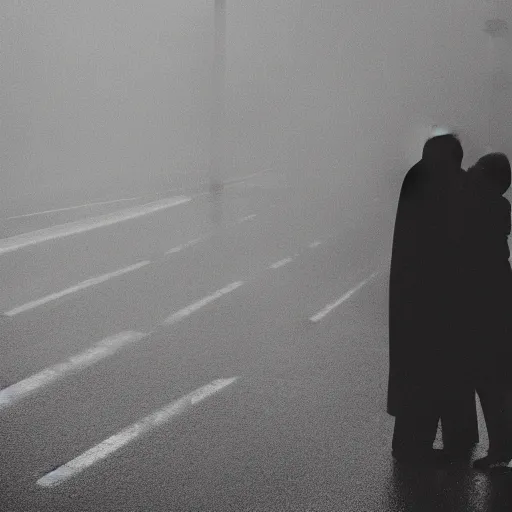 Prompt: A dark picture of two shadowy figures hugging each other, it is raining, 35mm, motion blur