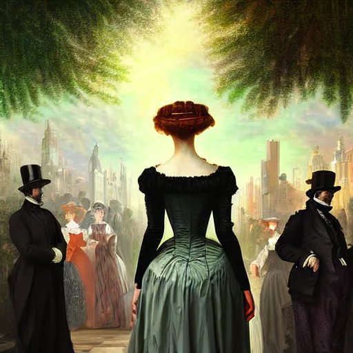 Prompt: portrait of a victorian lady within a crowd of people in a futuristic city, from behind, streets, angels in the sky, trees, beautiful, solarpunk!!!, highly detailed, digital painting