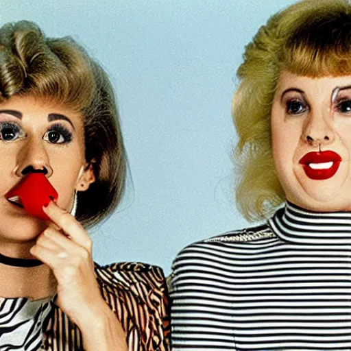 Prompt: 1982 twin women on tv talk show wearing an inflatable long prosthetic snout nose soft color wearing stripes 1982 color film archival footage 16mm John Waters Russ Meyer Almodovar Doris Wishman