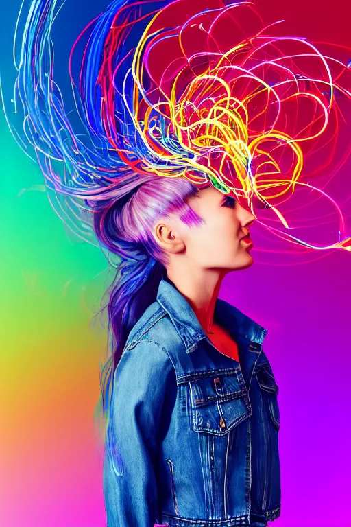 Image similar to a award winning half body portrait of a beautiful woman with stunning eyes in a croptop denim jacket and cargo pants with ombre rainbow hairstyle head in motion and hair flying while dancing by thomas danthony, surrounded by whirling illuminated lines, outrun, vaporware, shaded flat illustration, digital art, trending on artstation, highly detailed, fine detail, intricate