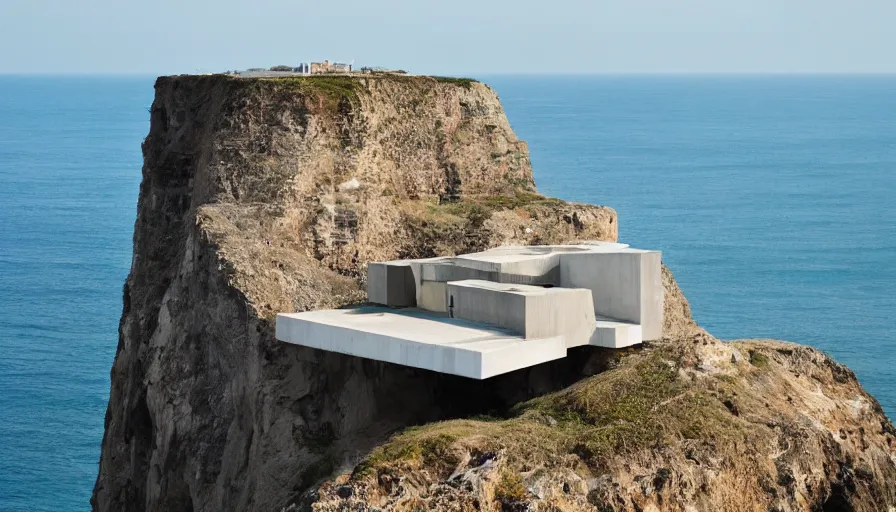 Prompt: coastal perched on a cliff overlooking a magnificient bay, big brutalism architecture on cliffs, drawing architecture, pritzker architecture prize, greig fraser