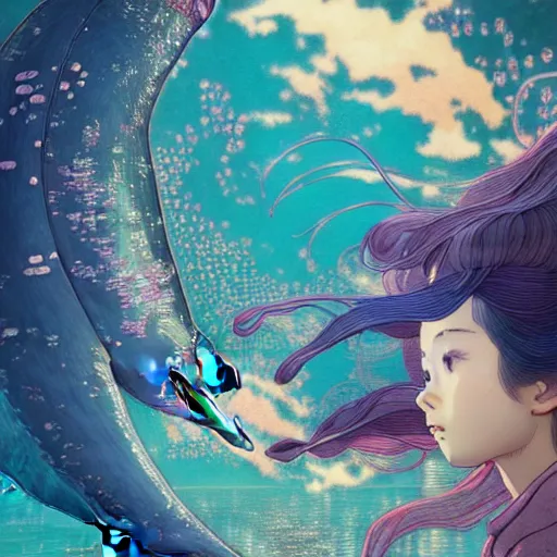 Image similar to a beautiful hyperdetailed character design 4 k wallpaper illustration of a cute dolphin and a beautiful girl, victo ngai cyberpunk style, from china, style of studio ghibli, makoto shinkai, raphael lacoste, louis comfort tiffany, artgerm, james jean, ross tran, chinese style