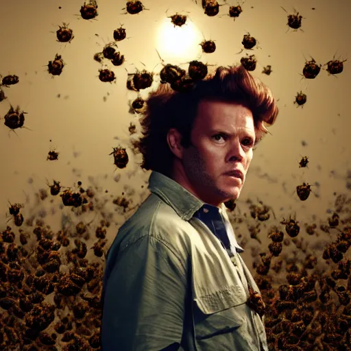 Image similar to hyperrealistic dslr film still of ace ventura pet detective stung by millions of bees, stunning 8 k octane comprehensive 3 d render, inspired by istvan sandorfi & greg rutkowski & unreal engine, perfect symmetry, dim volumetric cinematic lighting, extremely hyper - detailed, extremely lifelike attributes & lifelike texture, intricate, masterpiece, artstation, stunning