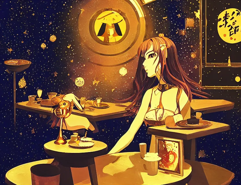 Prompt: priestess of space pigs in a cafe. gouache and gold leaf by award - winning mangaka, chiaroscuro, bokeh, backlighting, field of depth