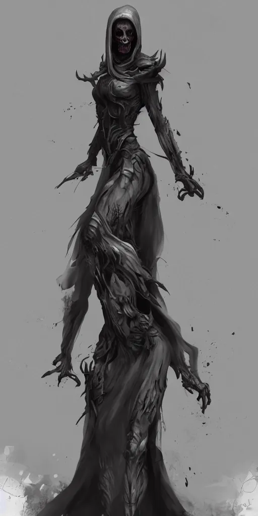 Image similar to female wraith, undead, dynamic pose, skull, terrifying, dark, fog, artstation