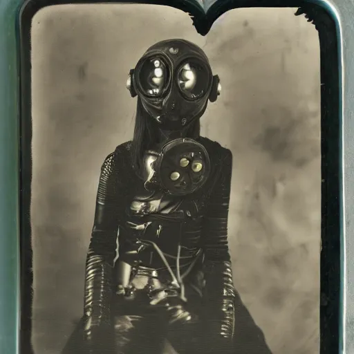 Image similar to tintype photographs of techno shamans, telepaths, dieselpunk cyborgs, masked heroes, irradiated humans, ancient ones, mystic monsters, and monster hunters