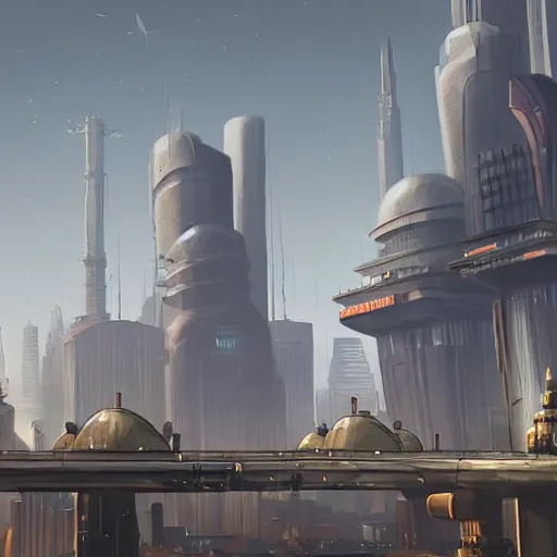 Prompt: a big city like coruscant and rupture farms from oddworld, with green smog sky, tall metal towers, a big moon in the sky, flying vehicles, factories, smoke, in the style of soviet realism