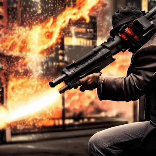 Image similar to a mafia gangster firing ar - 1 5, muzzle flash visible at the end of the barrel, highly detailed, photograph, firepower united, in new york street, cyberpunk